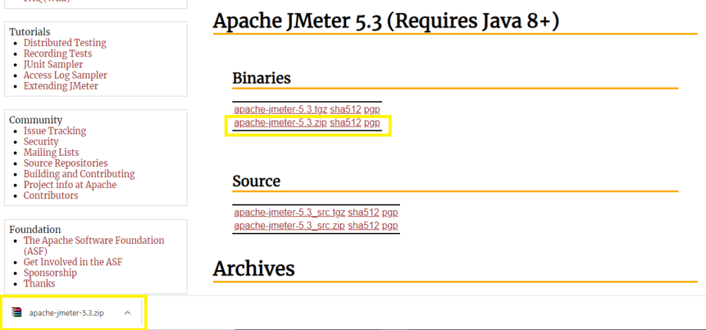 downloading the zip file for apache jmeter