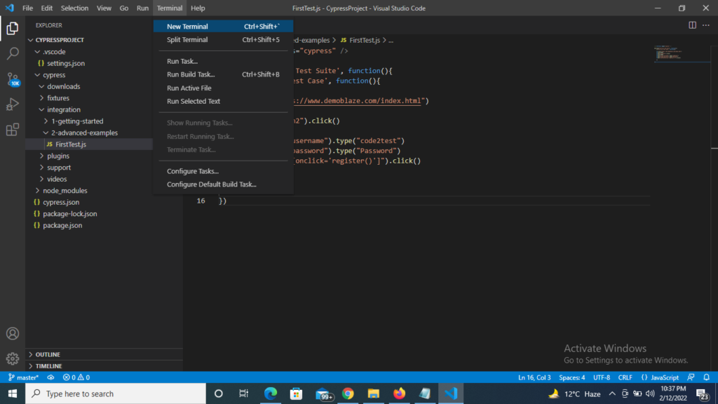 Opening the new terminal on Visual Studio code