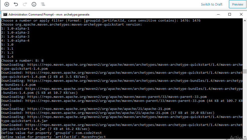 Creating Maven Project from Command Prompt- Choose Artifact ID