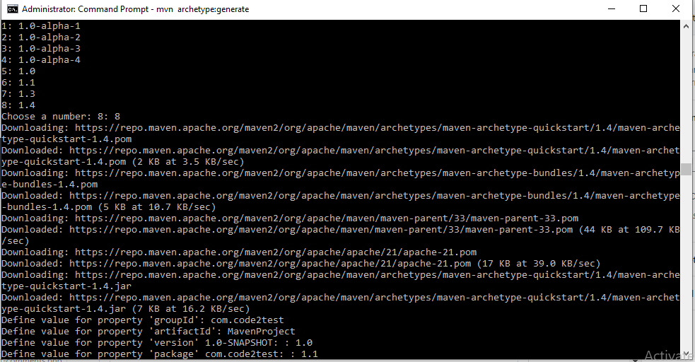 Creating Maven Project from Command Prompt- Select Package