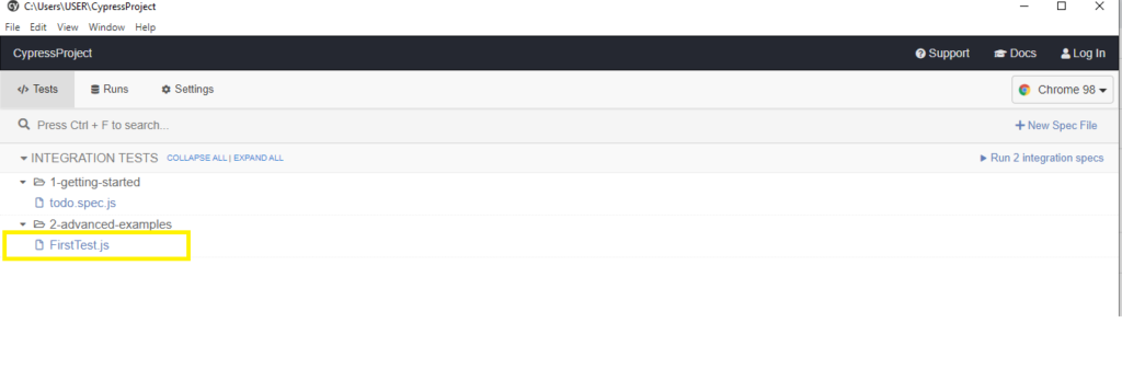 Cypress Test Runner Window- First Test in Cypress
