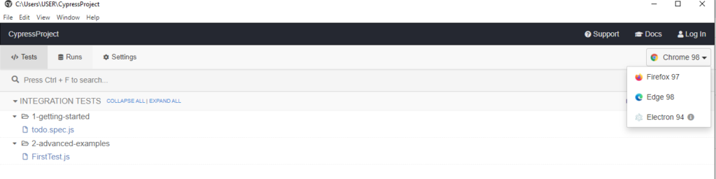 Running first  test on different browser - Cypress Test Runner
