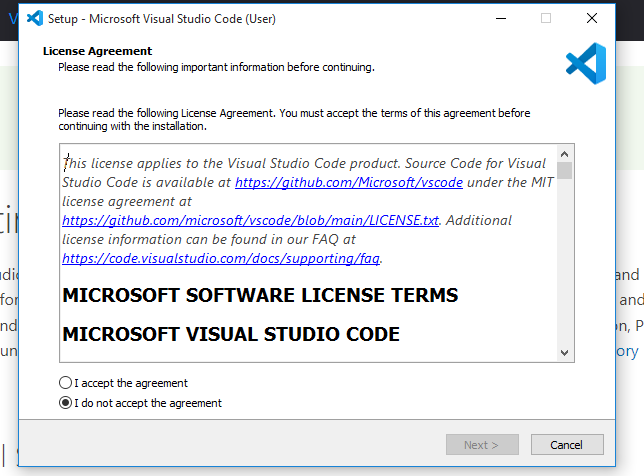 Install Visual Studio Code - Accept the Agreement