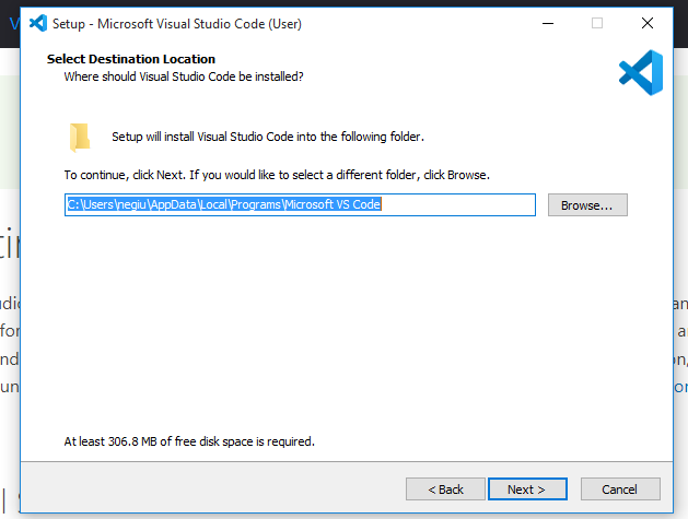 Install Visual Studio Code - Destination Location